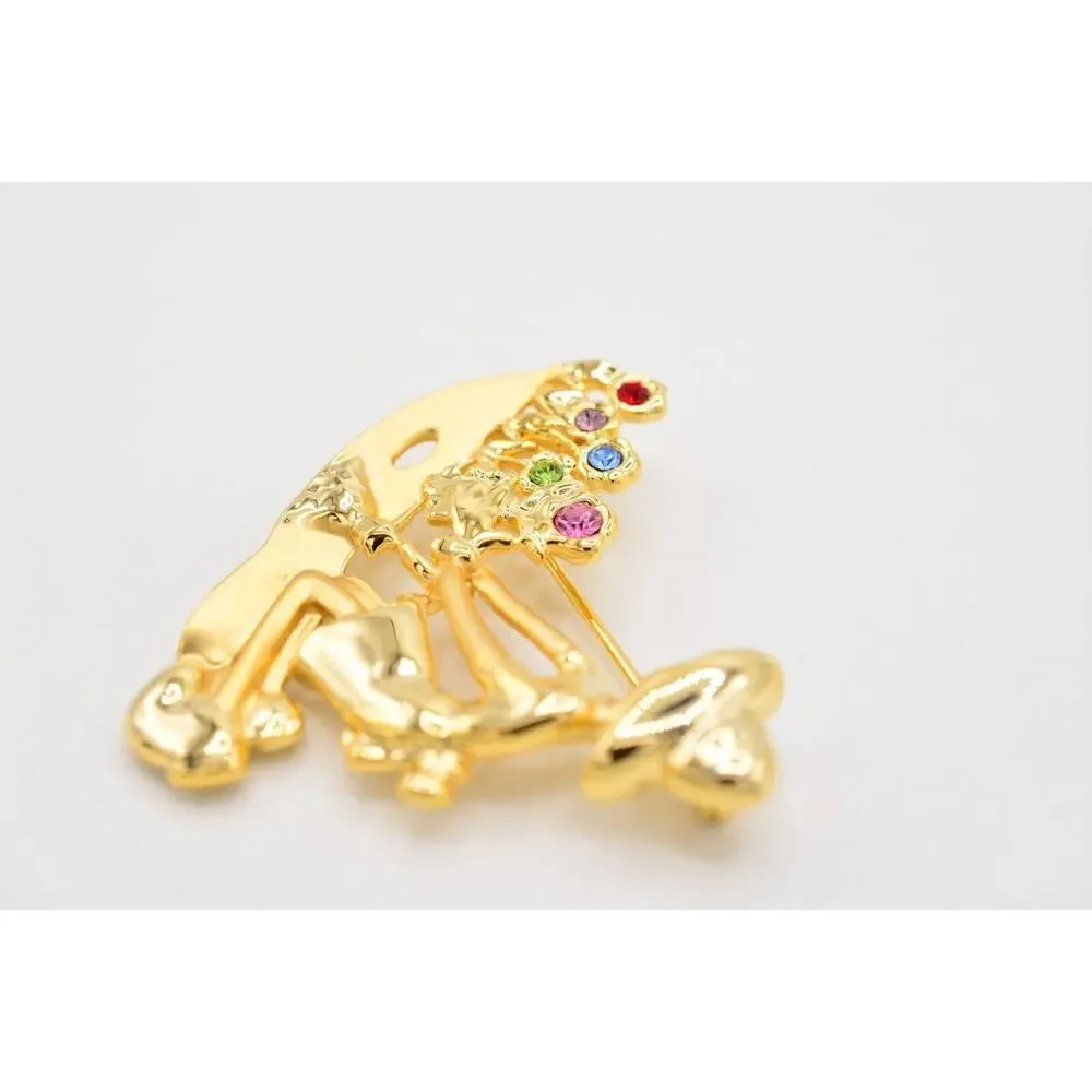 Vintage Flower Garden Pin Brooch Figural Floral Crystal Gold NOS 1980s BinA9
